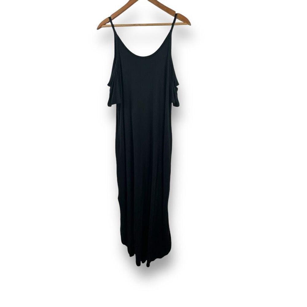 Grecerelle Women's L Cold Shoulder High Slit Maxi Dress Solid Black Casual Beach